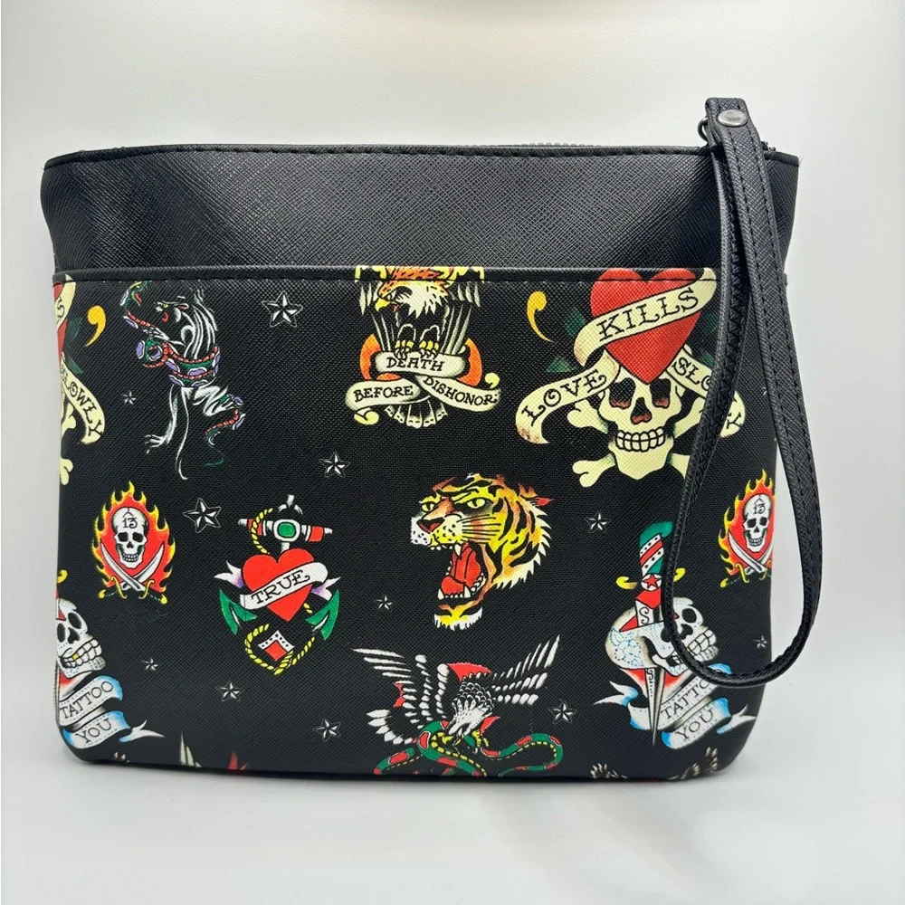 NWT Ed Hardy Tattoo Print Zip Pouch Wristlet Skull Tiger Y2K